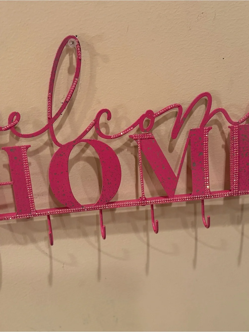 “Welcome Home “Pink Wall Hook Rack for keys Rhinestone accents